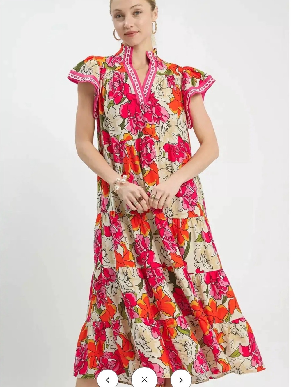 Boho Floral Tiered Midi Dress in Pink & Cream